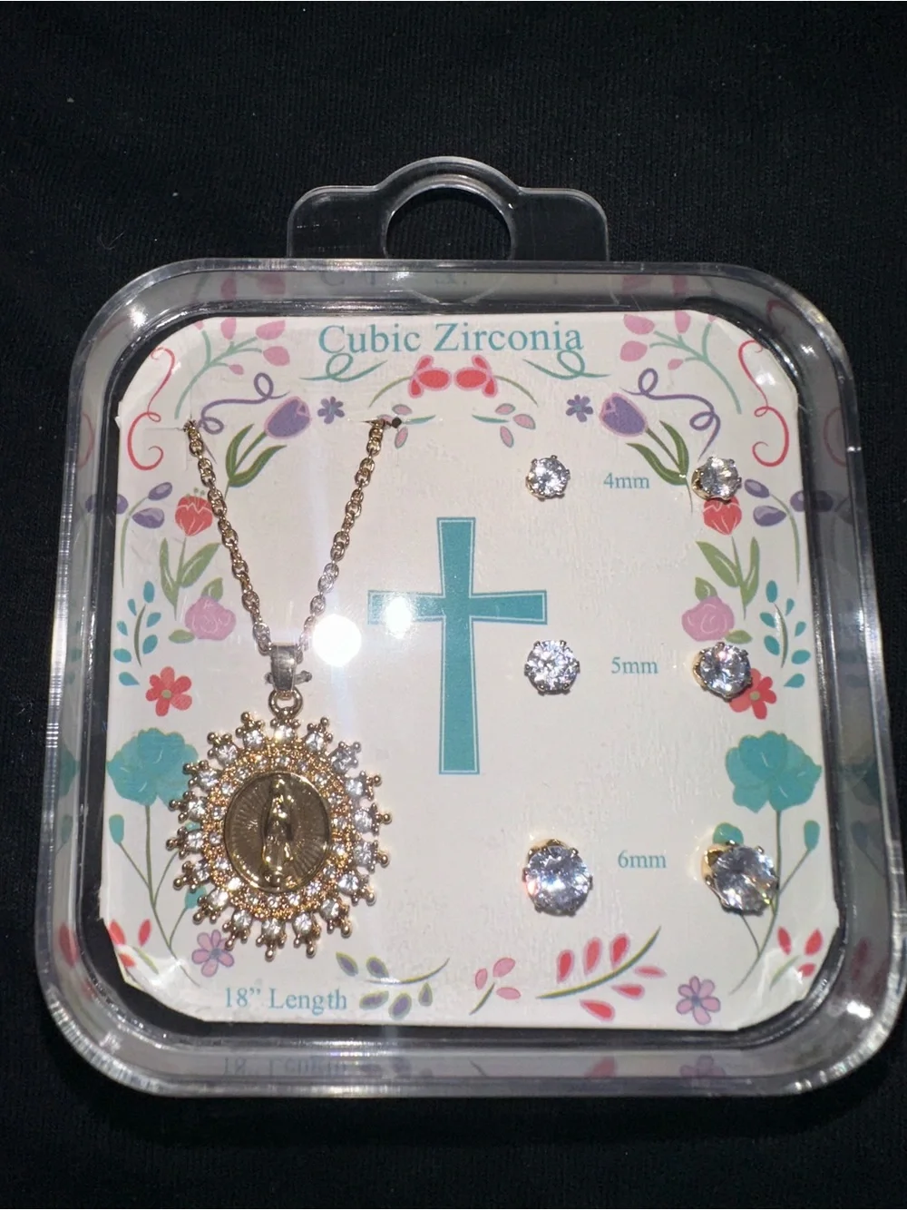 Sunburst Praying Hands Pendant Necklace & CZ Stud Set — Gold Tone, 18